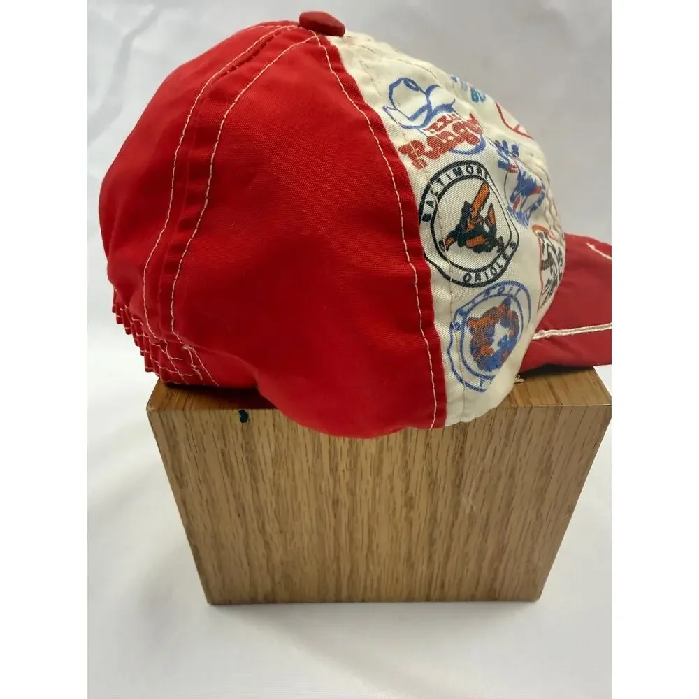 Vintage MLB All Over Print Snapback Hat Red White 80s 90s ANCO Cap Logos Kids